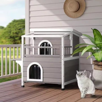 Outdoor Wooden Two-Level Cat House – Pet Shelter with Steps and Balcony for Cats