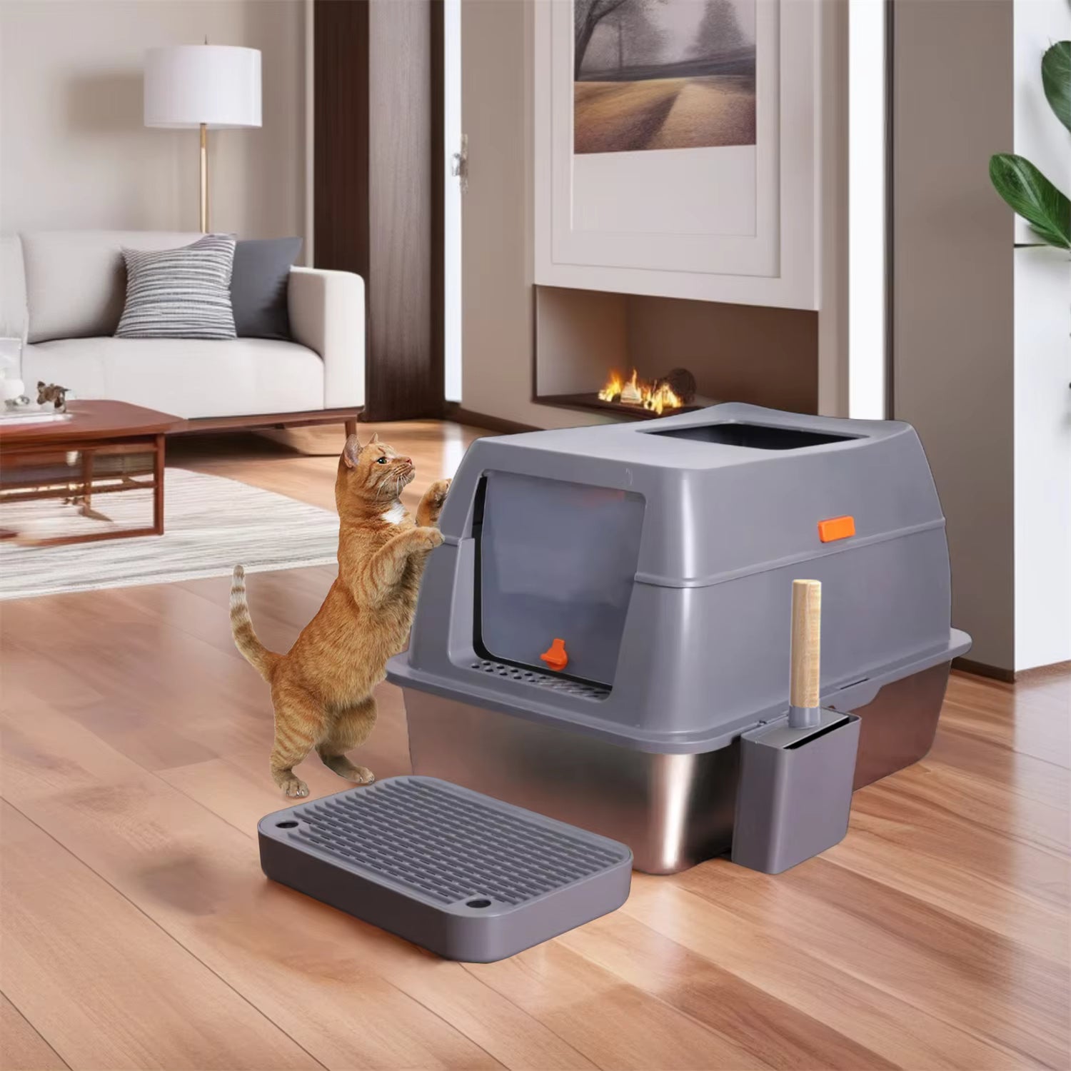 Extra Large Enclosed Stainless Steel Cat Litter Box with Lid – High Sided Metal Tray for Big Cats