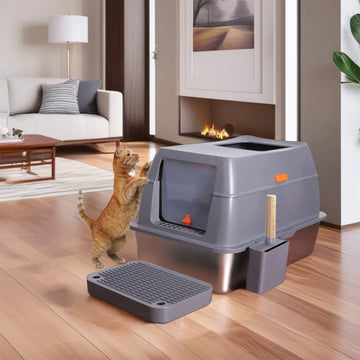 Extra Large Enclosed Stainless Steel Cat Litter Box with Lid – High Sided Metal Tray for Big Cats