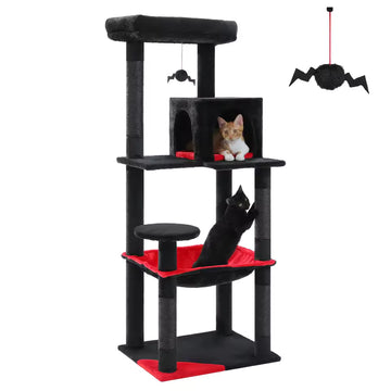 Dark-Themed Cat Tree for House Cats, Elevated Feline Tower with Oversized Hammock, Sisal-Wrapped Scratch Pole, Comfy Hideout, and Elevated Platform