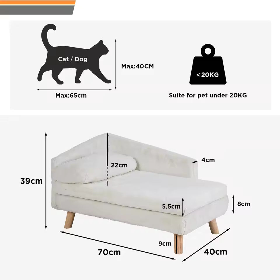 Raised Pet Lounge with Hardwood Legs, Dog and Cat Sofa for Indoor Use, L-Shaped Plush Couch with Cozy Cushion