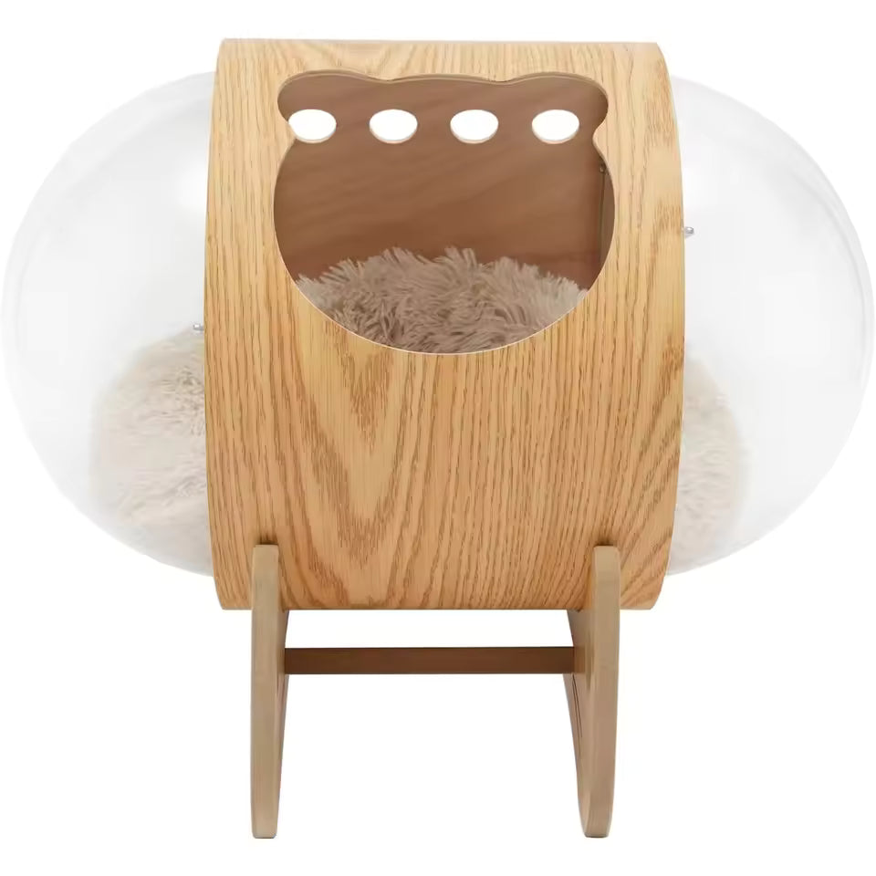 Premium Cat Capsule Nest – Wooden Stand with Transparent Acrylic Dome & Plush 3.9" Cushion, Breathable Design for Pets Up to 18.7 lbs