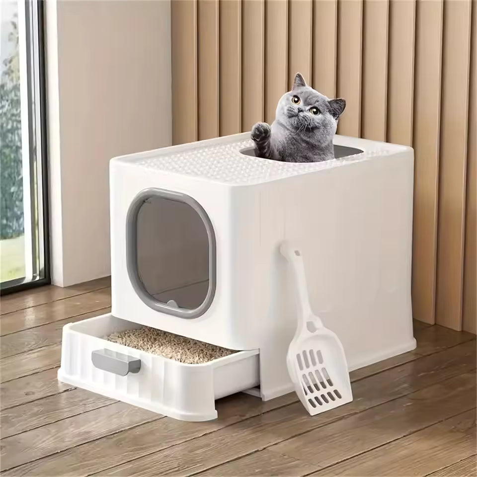 Waterproof Covered Cat Litter Tray with Sliding Drawer, Kitten Training Toilet, Scoop Included, Splash-Resistant Design