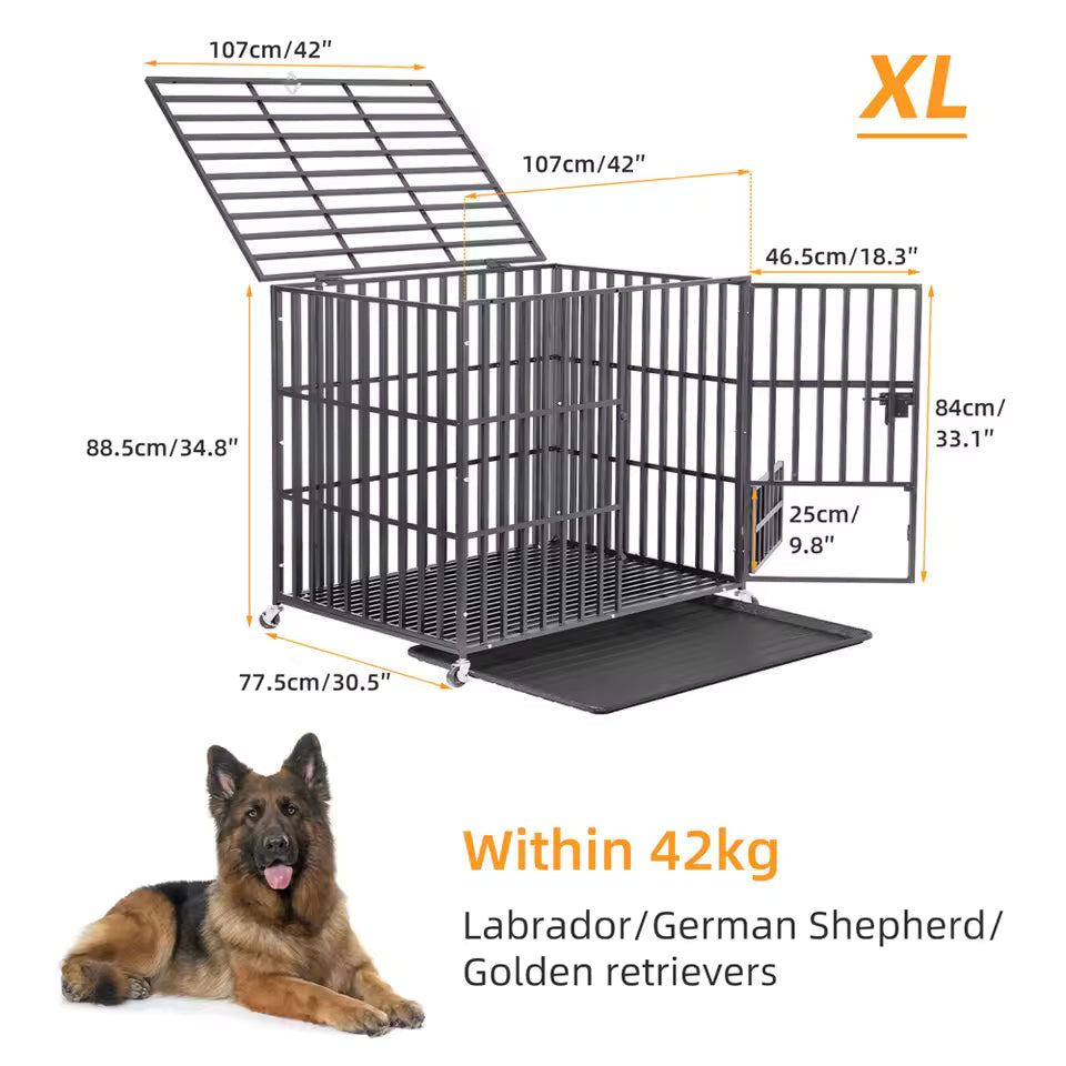 2xL Large Heavy Duty Dog Crate Strong Pet Cage Tear Resistant Square Tube Metal Kennel Playpen with Lockable Wheels and Tray