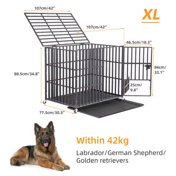 2xL Large Heavy Duty Dog Crate Strong Pet Cage Tear Resistant Square Tube Metal Kennel Playpen with Lockable Wheels and Tray