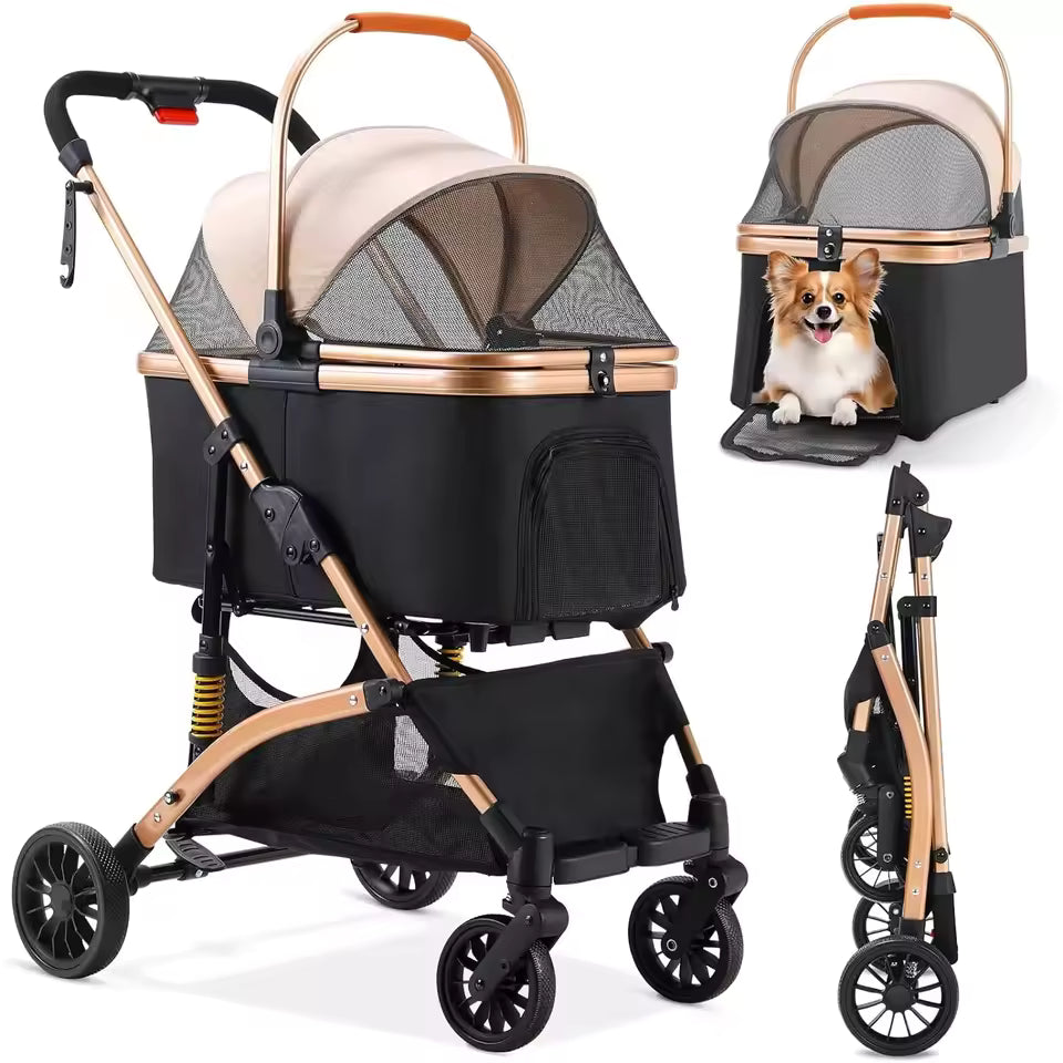 2-in-1 Pet Cart – Collapsible Dog & Cat Stroller with 360° Durable Rubber Wheels and Storage Basket