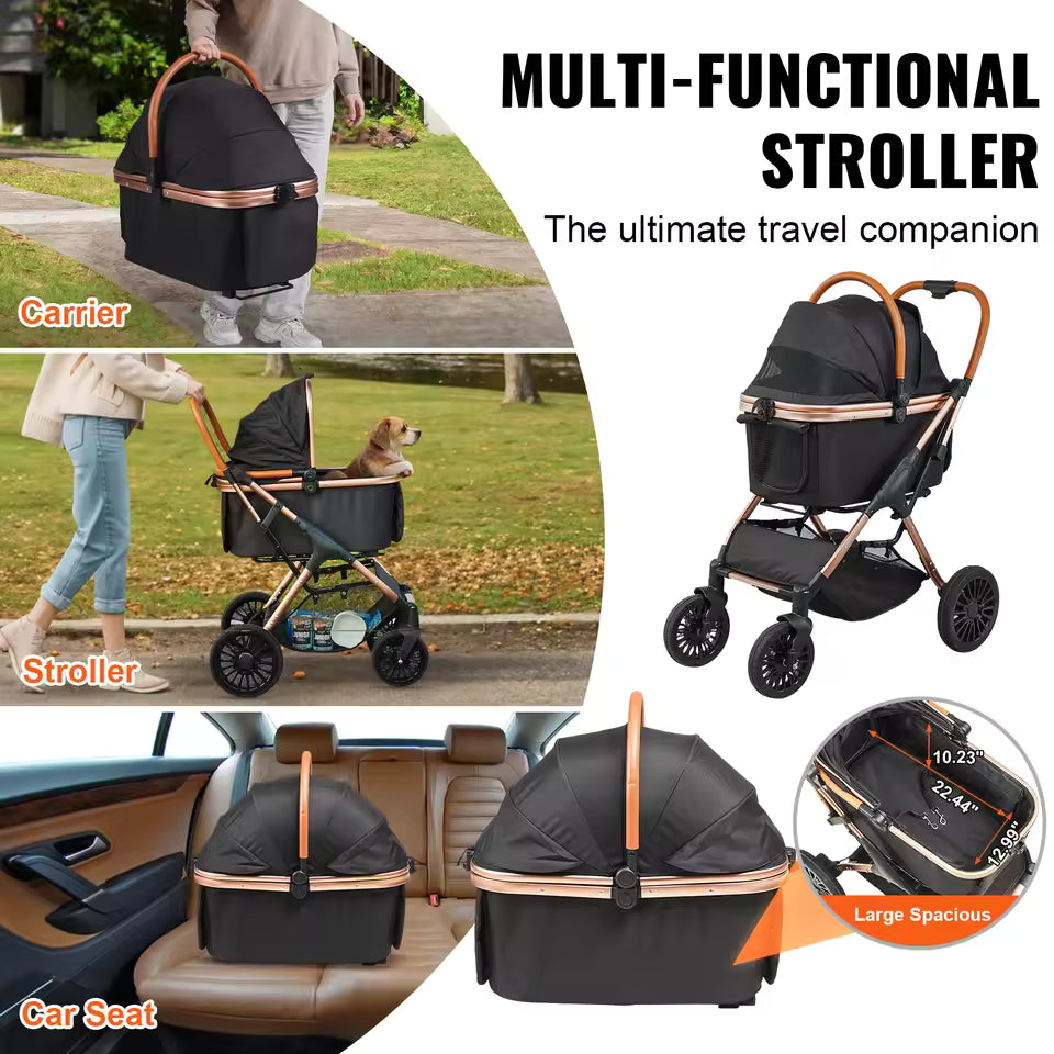 Portable Pet Stroller – Supports Up to 30 kg | Collapsible Dog & Puppy Pram with Brakes, Storage Basket & Removable Carrier for Small-to-Medium Dogs