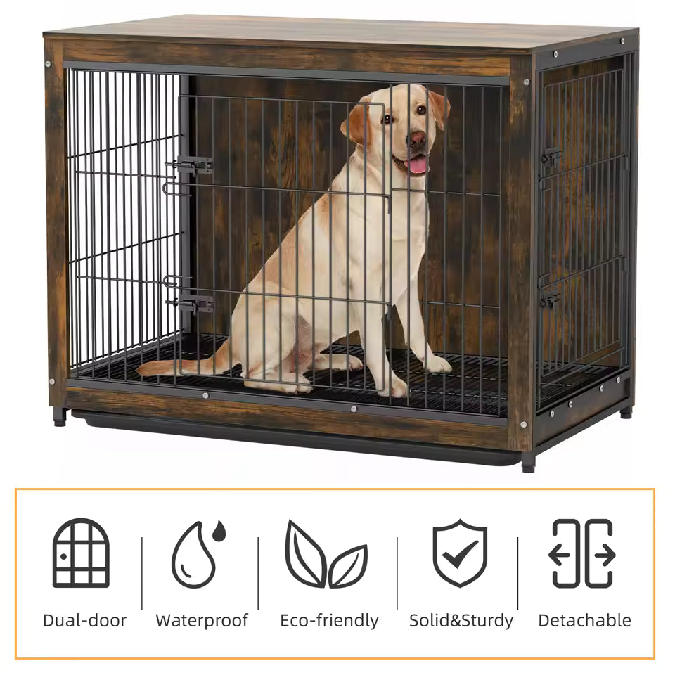 Pet Kennel Enclosure with Dual Doors and Detachable Tray, Dog Housing Crate, Furniture-Style End Table, Wood and Metal Hybrid, Convertible Pet Enclosure, Available in Small, Medium, and Large – 3 Size Options
