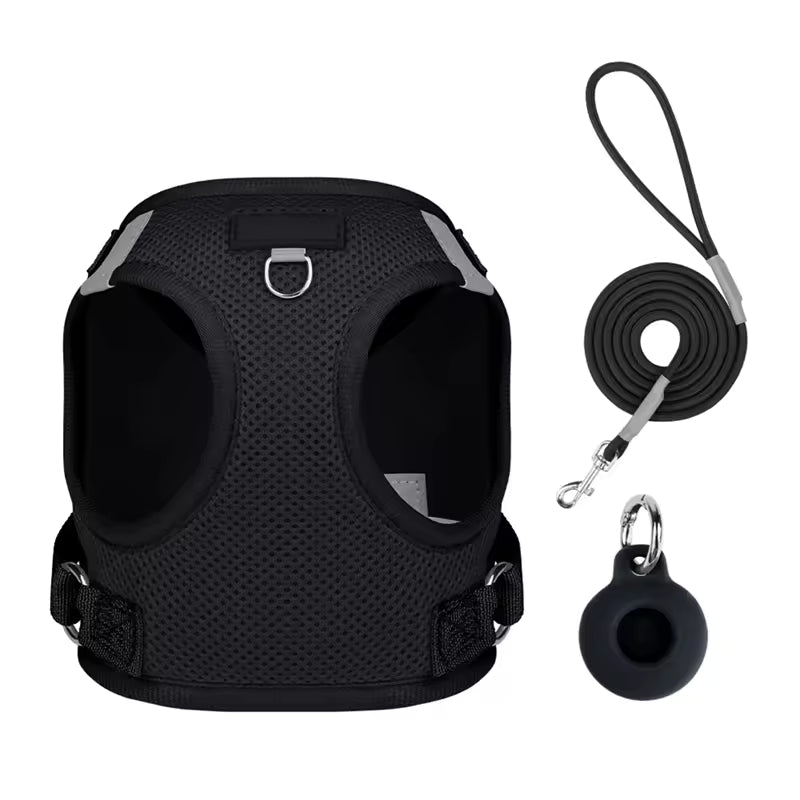 Pet Harness with AirTag Holder & Leash Set – Adjustable Chest Vest for Small to Medium Dogs & Cats – Outdoor Walking Lead Strap
