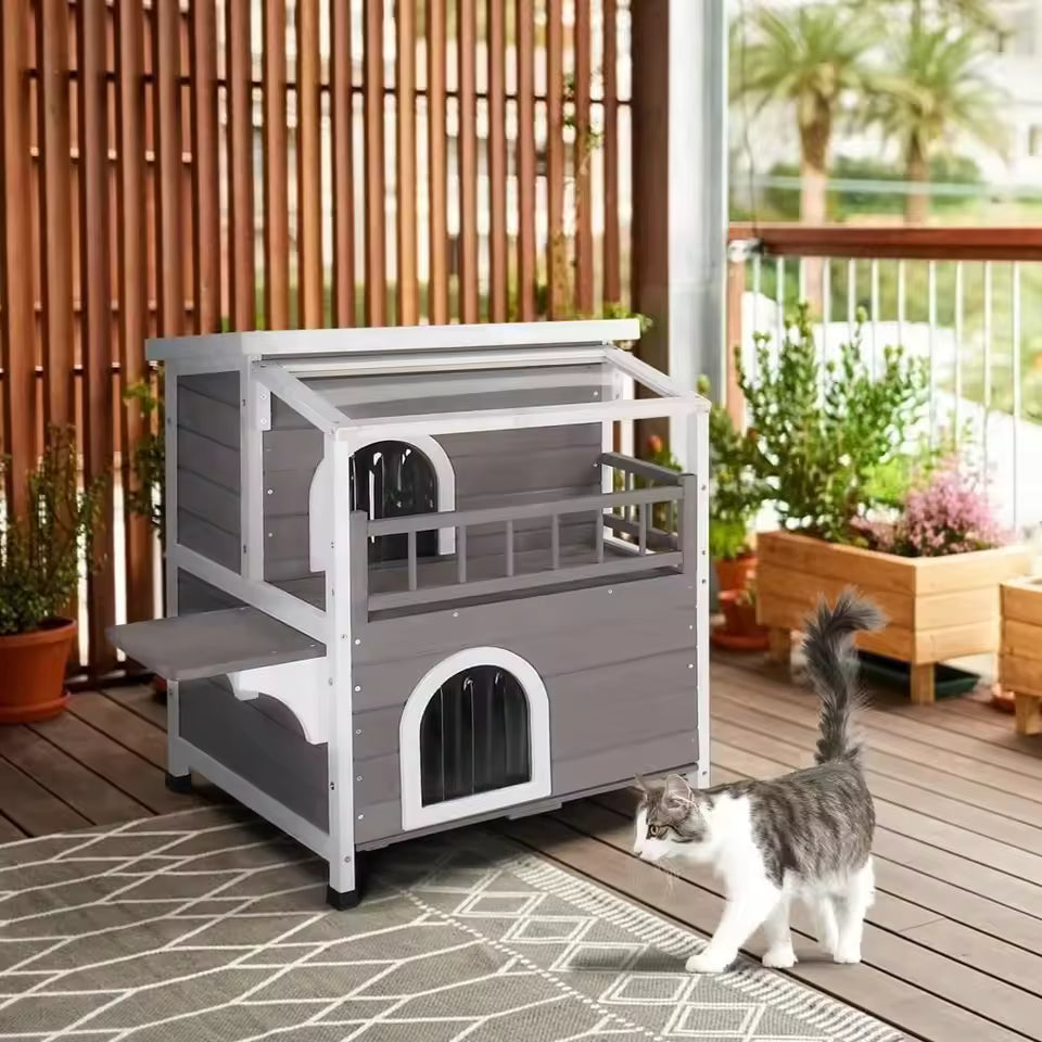 Outdoor Wooden Two-Level Cat House – Pet Shelter with Steps and Balcony for Cats