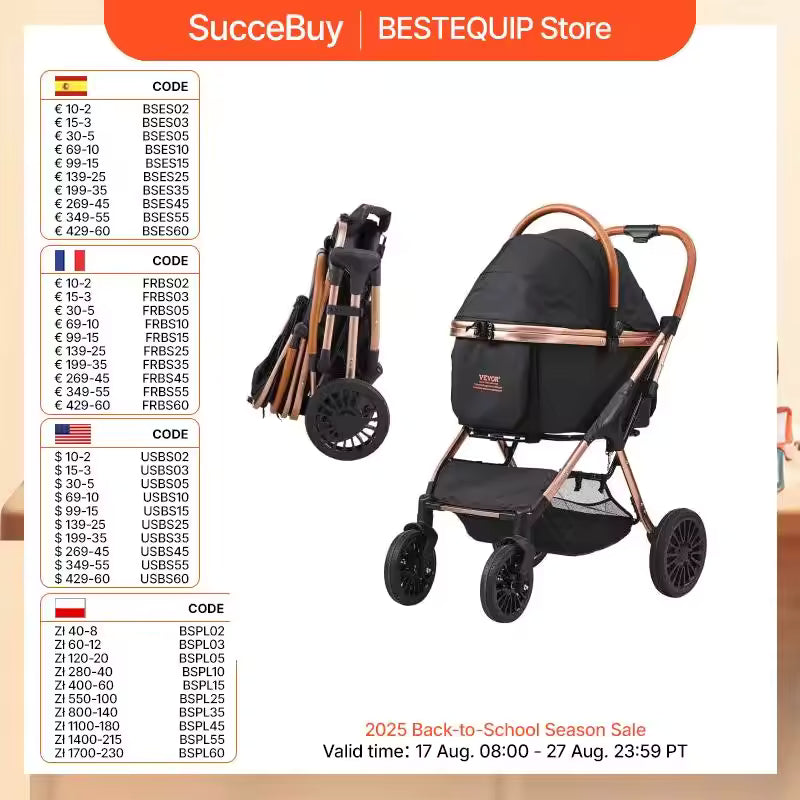 SucceBuy 66 lbs Foldable Pet Stroller – Puppy & Dog Jogger with Brakes, Detachable Carrier, and Storage Basket – Perfect for Small to Medium Dogs