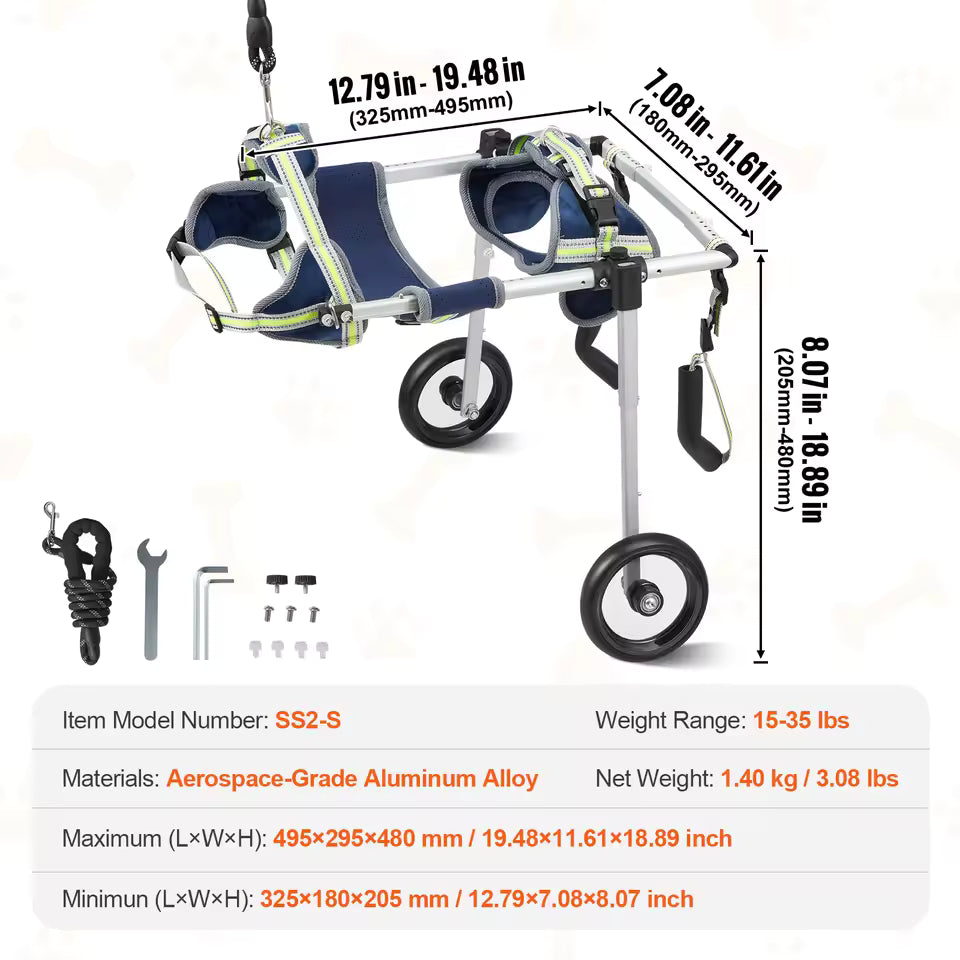 SucceBuy 2-Wheel Mobility Cart for Dogs with Hind Leg Support Pet Mobility Aid Dog Stroller/Wheelchair for Disabled, Paralyzed, or Weak Rear Limbs