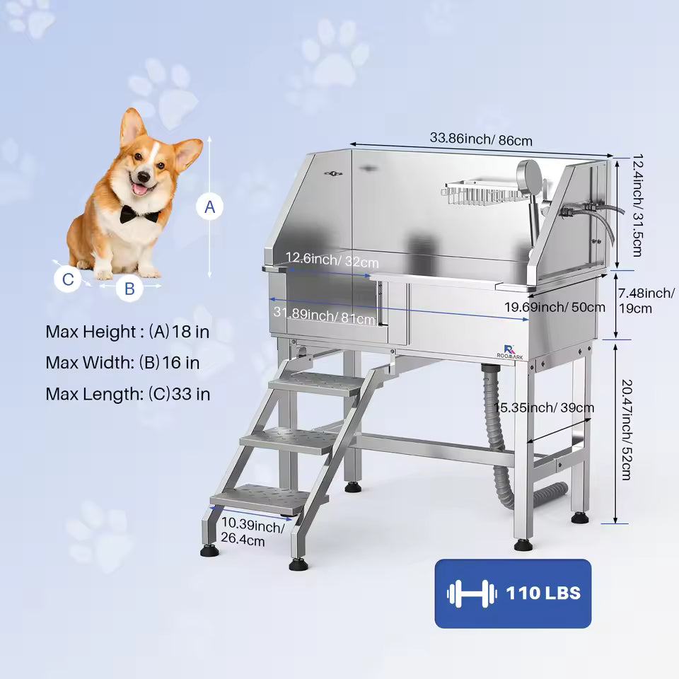 ROOMARK 34" Canine Washing Station Stainless Steel Pet Grooming Tub with Sliding Door, Faucet Attachments, Dog Bath Tub for Medium-Sized Pets