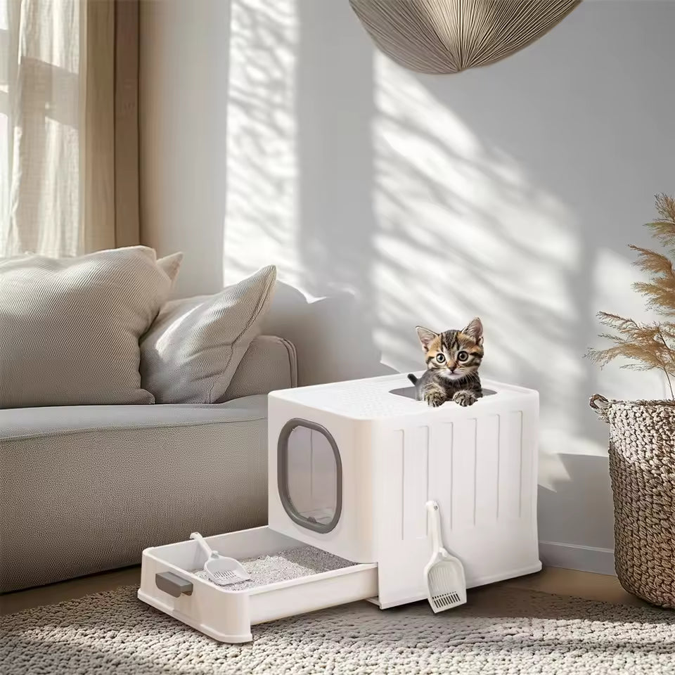 BingoPaw Cat Litter Tray Box — Foldable Top Entry Extra Large Cats Toilet with Lid Kitten Litter Tray Easy Cleaning Drawer Design