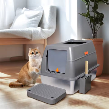 Covered Stainless Steel Cat Toilet Box with Cover – Oversized Metal Tray for Large Cats – High-Sided Enclosure for Kittens and Adult Cats