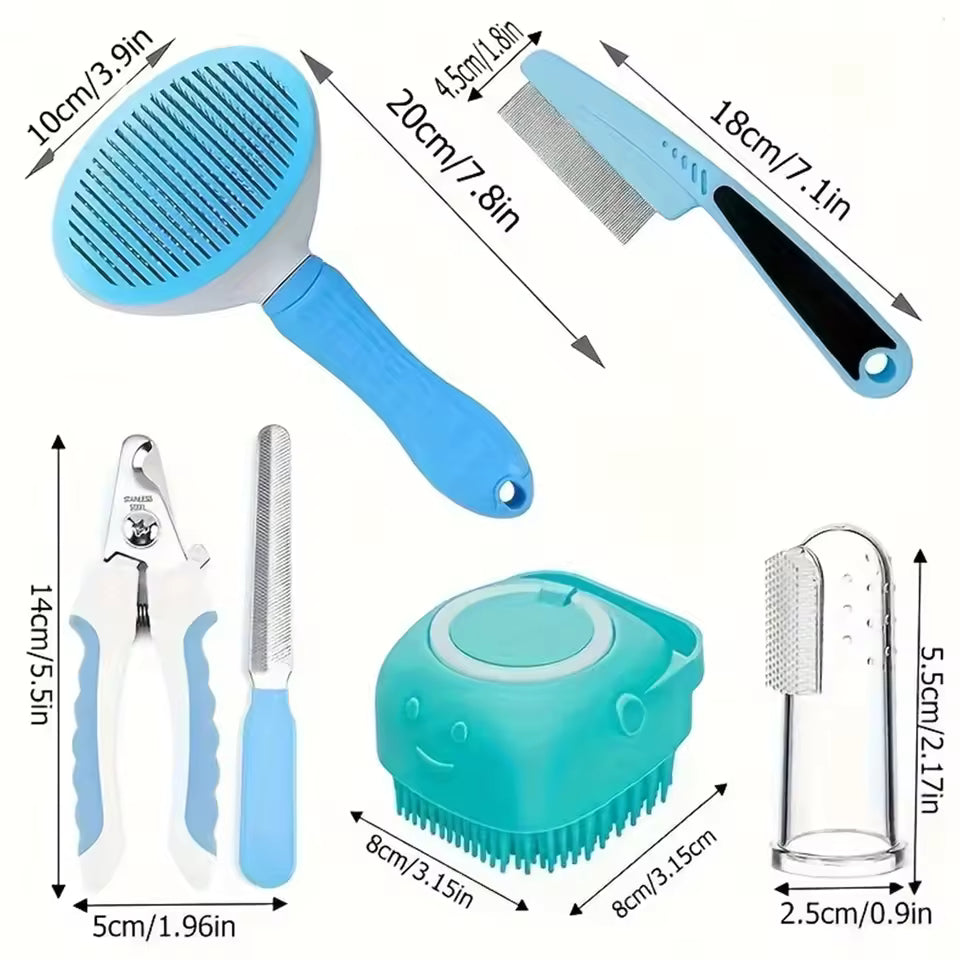 7-Piece Pet Grooming Kit – Shedding Comb, Flea Comb, Shampoo Brush, Nail Clippers & Toothbrush Set for Dogs