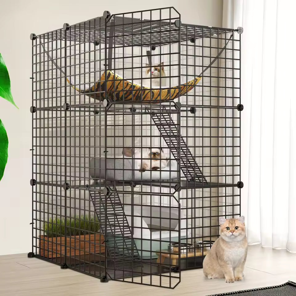 3Tier Cat Kennel – Indoor Modular Pet Enclosure, Multi-Level Metal Cat Playpen, DIY Customizable Pet Cage