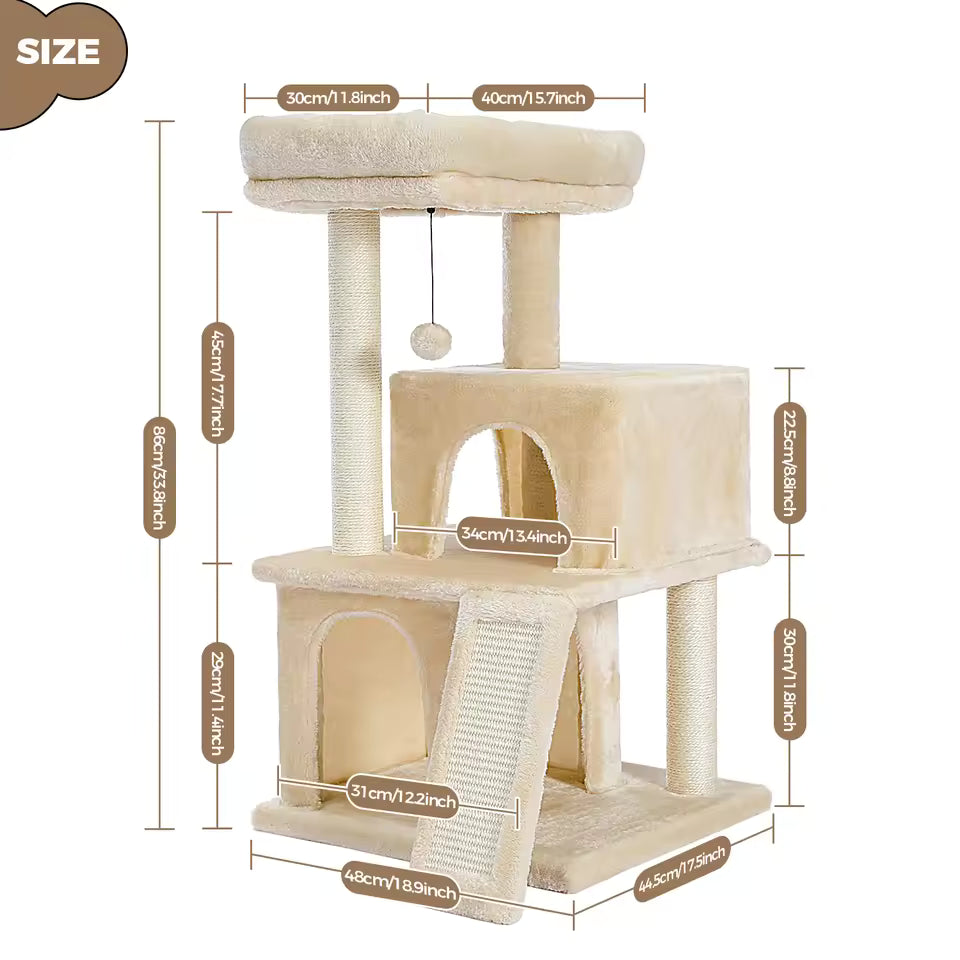 Oversized Indoor Cat Tree, Multi-Tier Cat Tower with Natural Sisal Scratching Posts, Two Roomy Condos, Scratching Mat, and Play Accessories for Cats