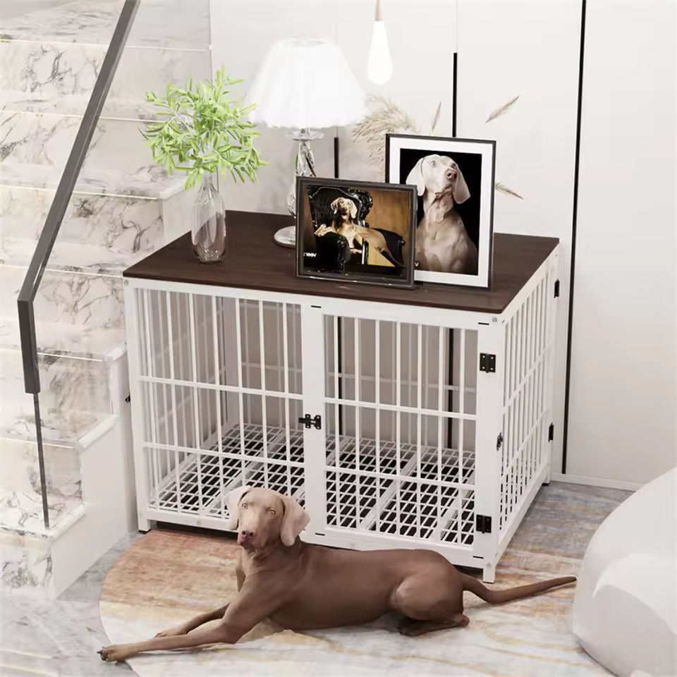 Spacious Wooden Dog Kennel Indoor Furniture-Style Raised Pet Cage with Lattice Design, Triple Doors, Detachable Tray, and Playpen Features