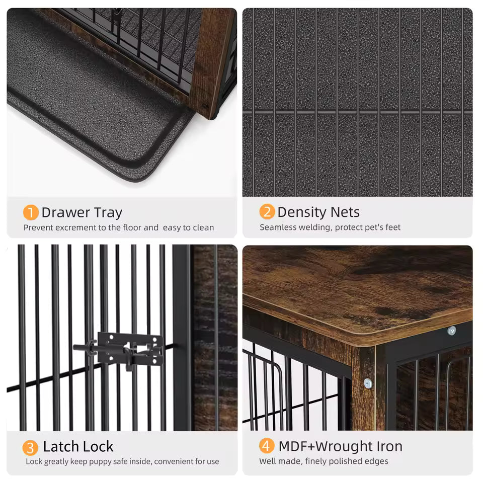 Pet Kennel Enclosure with Dual Doors and Detachable Tray, Dog Housing Crate, Furniture-Style End Table, Wood and Metal Hybrid, Convertible Pet Enclosure, Available in Small, Medium, and Large – 3 Size Options