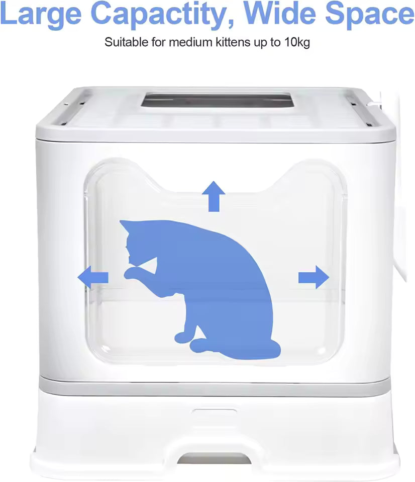 Front-Access & Top-Exit Foldable Cat Litter Box with Scoop and Pull-Out Drawer – Covered Extra-Large Kitty Toilet for Pets