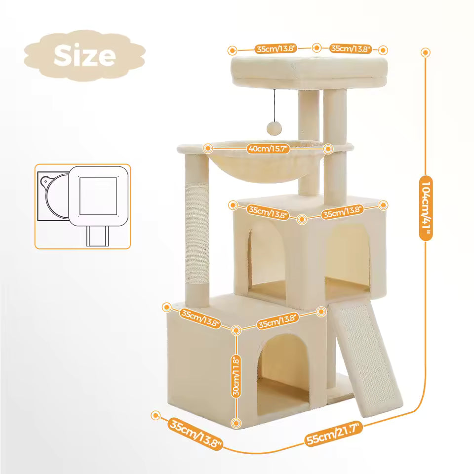 Oversized Indoor Cat Tree, Multi-Tier Cat Tower with Natural Sisal Scratching Posts, Two Roomy Condos, Scratching Mat, and Play Accessories for Cats
