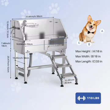 ROOMARK 34" Canine Washing Station Stainless Steel Pet Grooming Tub with Sliding Door, Faucet Attachments, Dog Bath Tub for Medium-Sized Pets