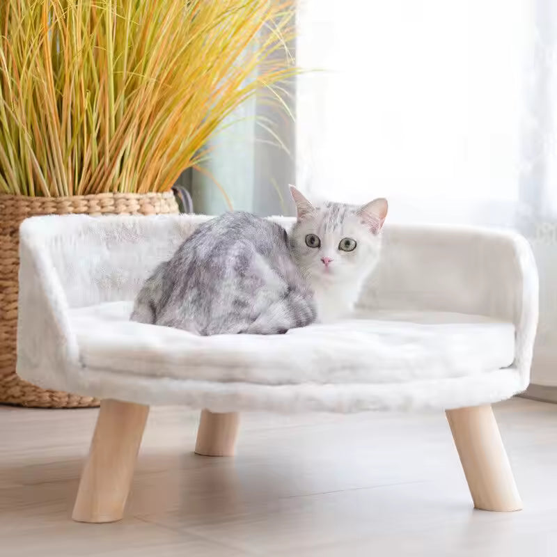 Premium Cozy Cat Bed Plush Fabric Warm Pet Nesting Chair Washable Sofa with Wooden Legs and Cushion Pad for Small Animals