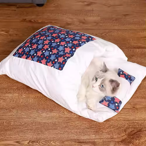 Cozy Japanese-Style Cat Bed – Winter Sleeping Cave with Removable Cushion and Pillow for Cats & Small Dogs