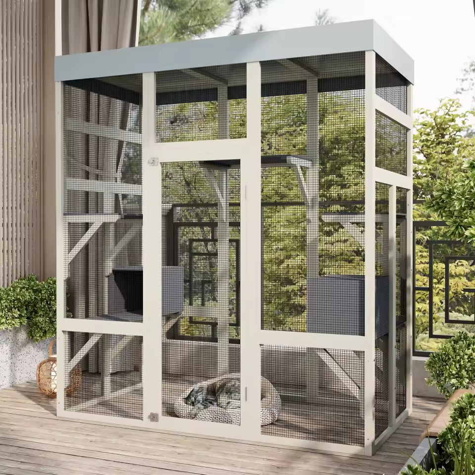 "62.6'' Gray Wooden Outdoor Catio with Weatherproof Roof – Spacious & Secure Pet Enclosure for Cats and Small Animals, Black Rust Finish"