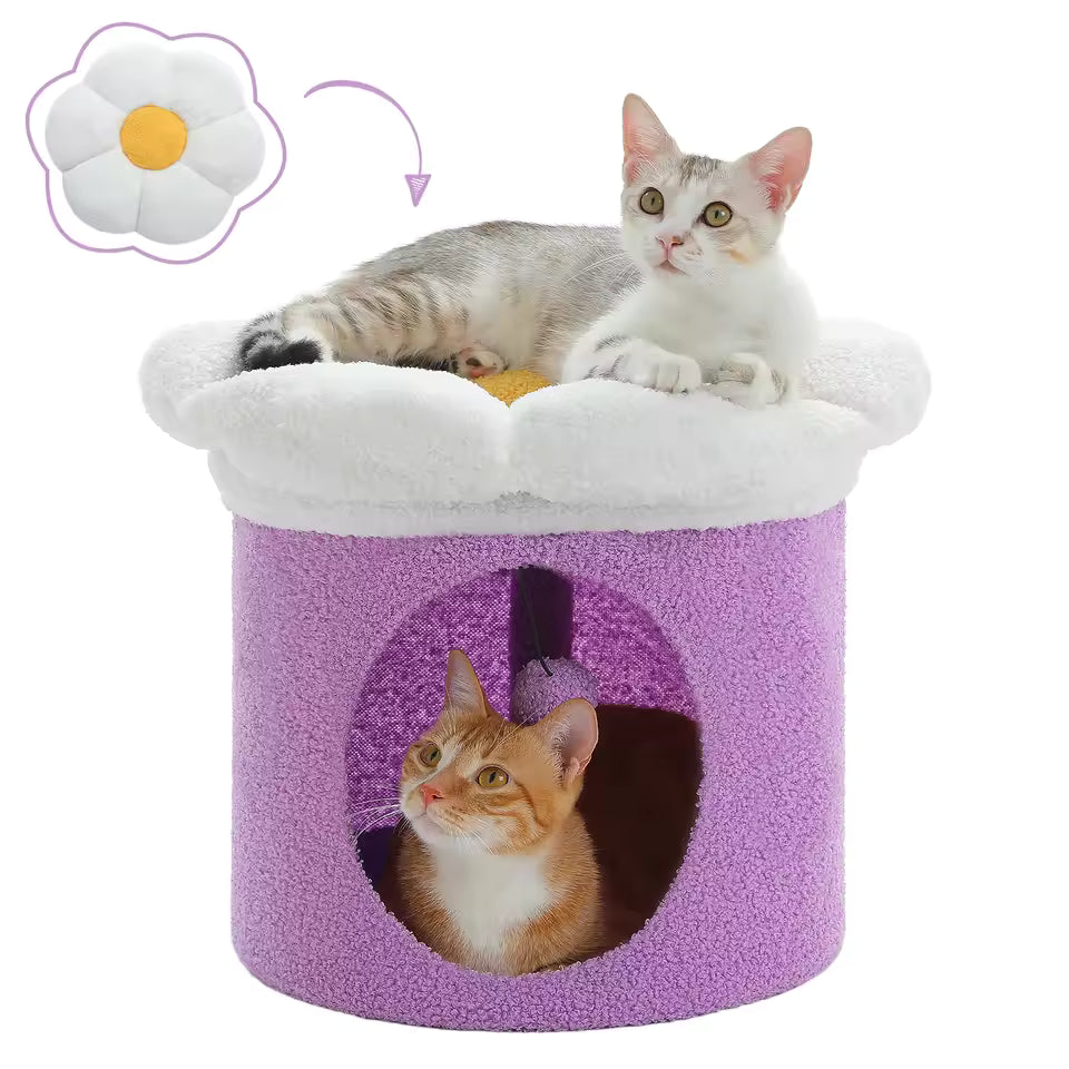 Indoor Cat Beds – Spacious Cat House with Detachable Floral Cushion, Adorable Cat Cave & Cozy Hideout, Soft Indoor Pet Condo