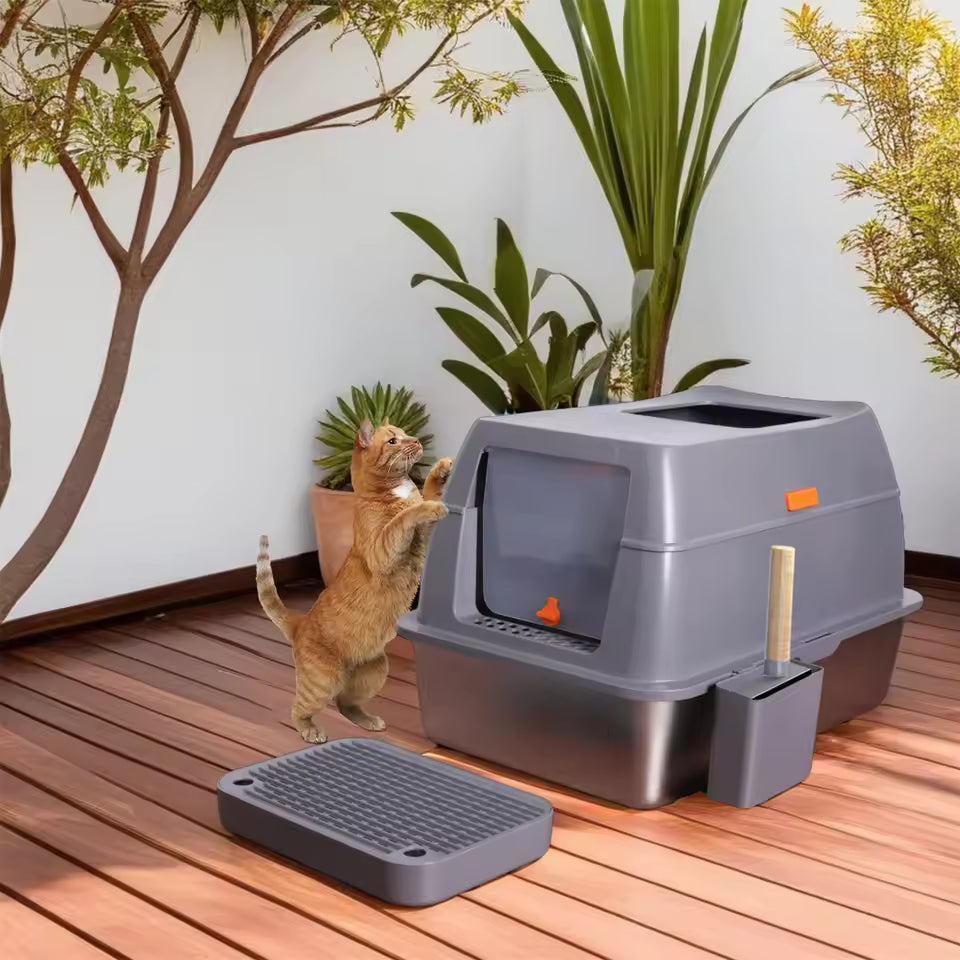 Covered Stainless Steel Cat Toilet Box with Cover – Oversized Metal Tray for Large Cats – High-Sided Enclosure for Kittens and Adult Cats