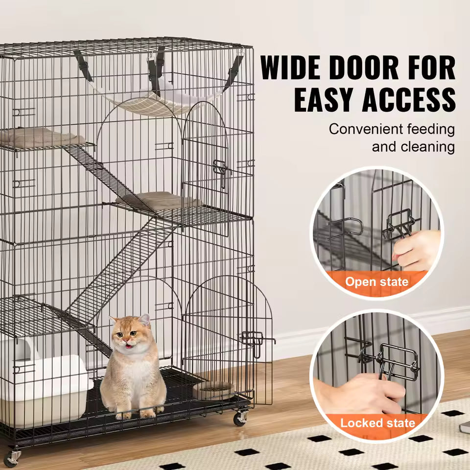 SucceBuy 4‑Tier Metal Cat Playpen – Robust Indoor Wire Cage with 30 lb Per Layer Load, Ramp Platforms, Double Doors—Ideal for Cats, Puppies & Rabbits
